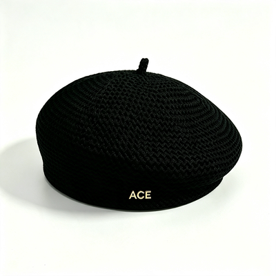 Classic Knitted Beret Hat Solid Color ACE Metal Logo Beret Stylish Durable Beret for Daily Casual Wear Support Customization
